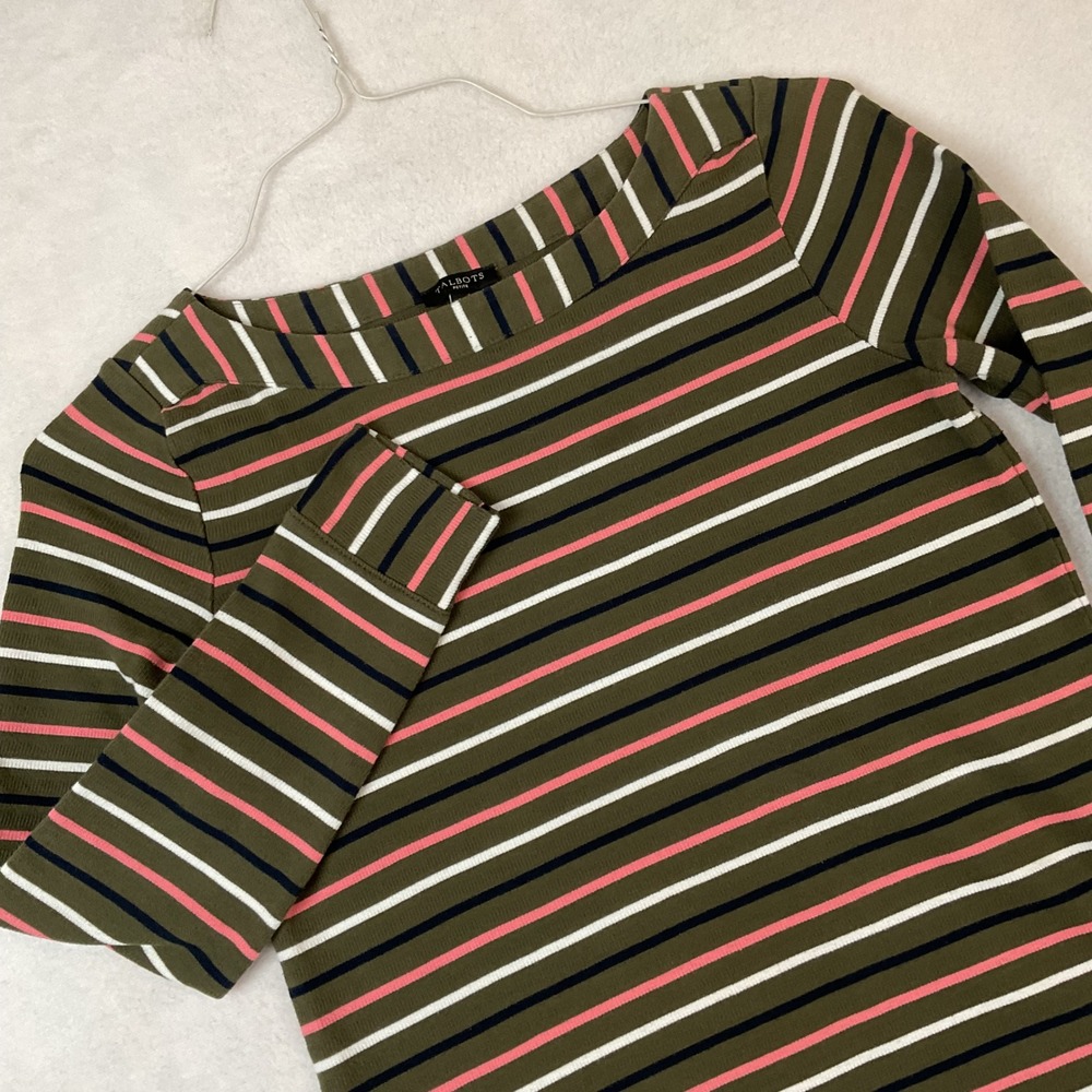 Talbots Petite Striped Boat Neck Top Olive Green Pink Long Sleeve Size P